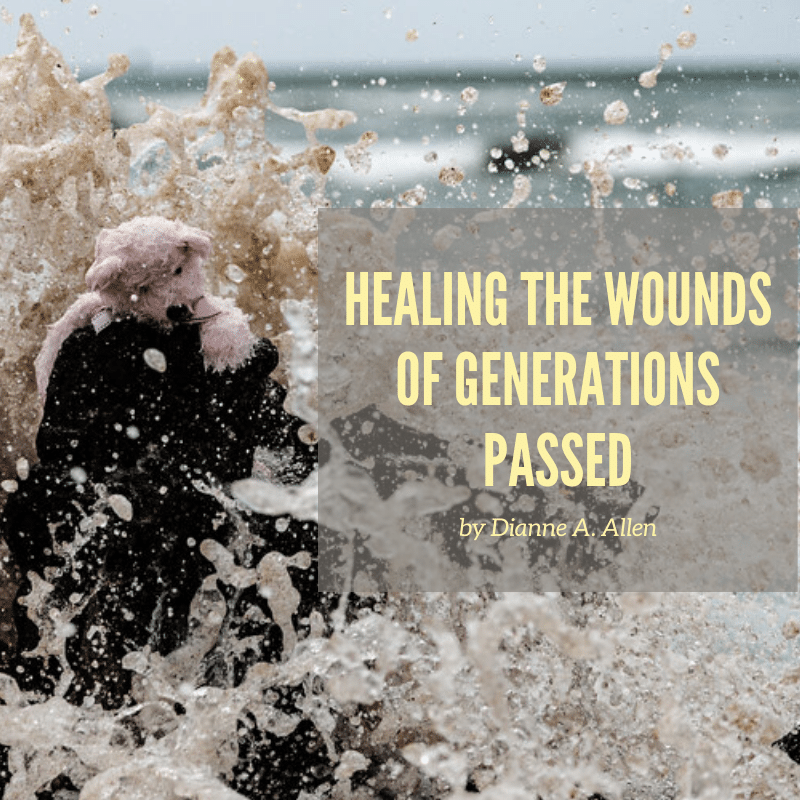 tattered teddie in the water with words: Healing the wounds of the generations passed.